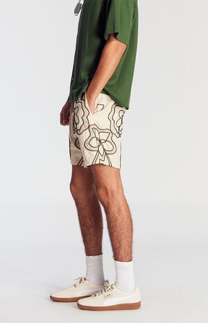 Tan Floral Embroidered Linen Volley Shorts image number 3