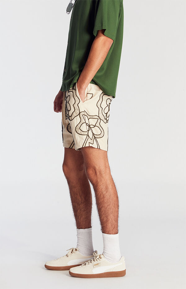 Pacsun Tan Floral Embroidered Linen Volley Shorts