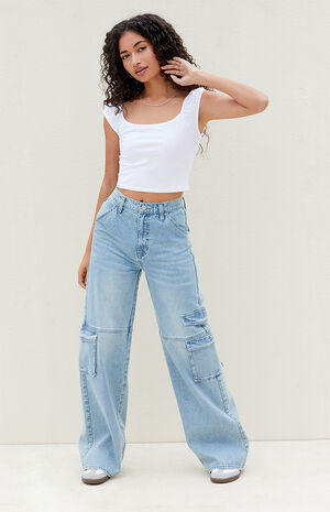 Light Indigo Mid Rise Baggy Cargo Jeans image number 2