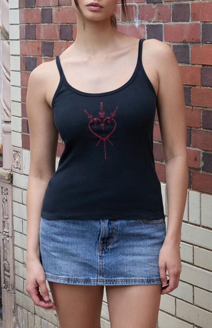 John Galt Black Heart Ribbed Tank Top