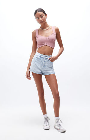Eco Light Blue High Waisted Rolled Hem Denim Shorts image number 6