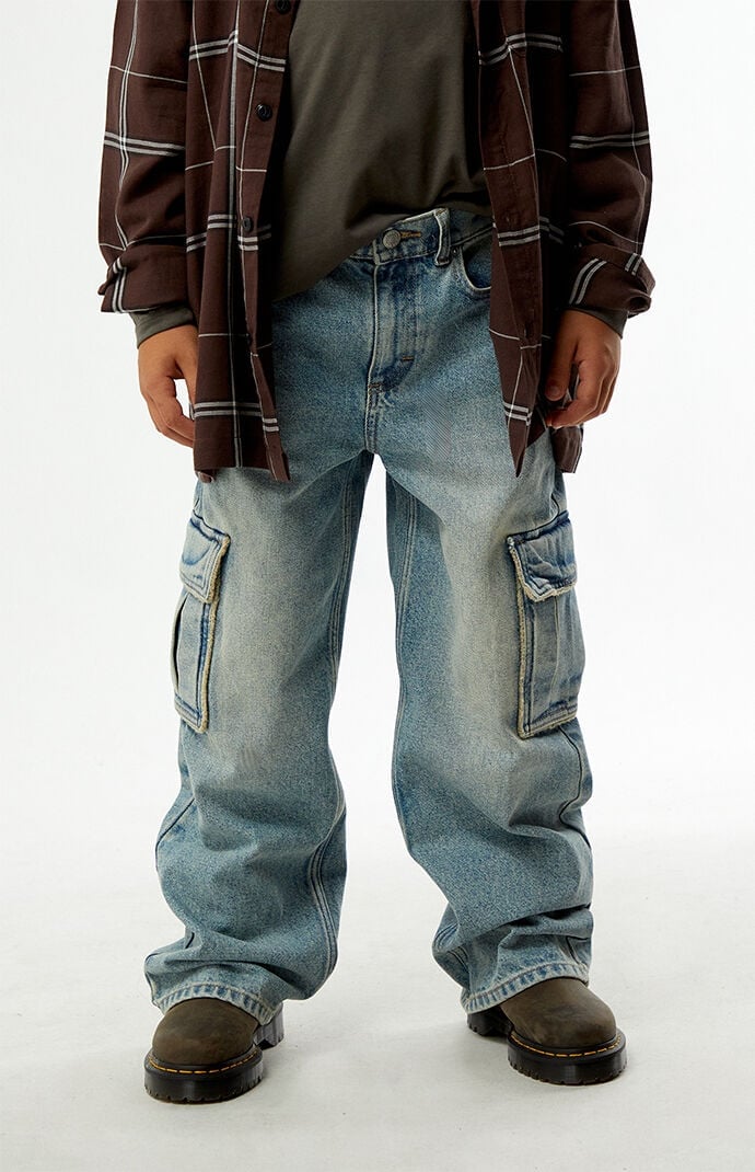 Pacsun Kids Baggy Jeans Frayed Cargo Medium Blue