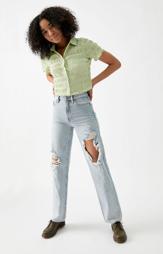 Shirred Smocked Button Down Shirt