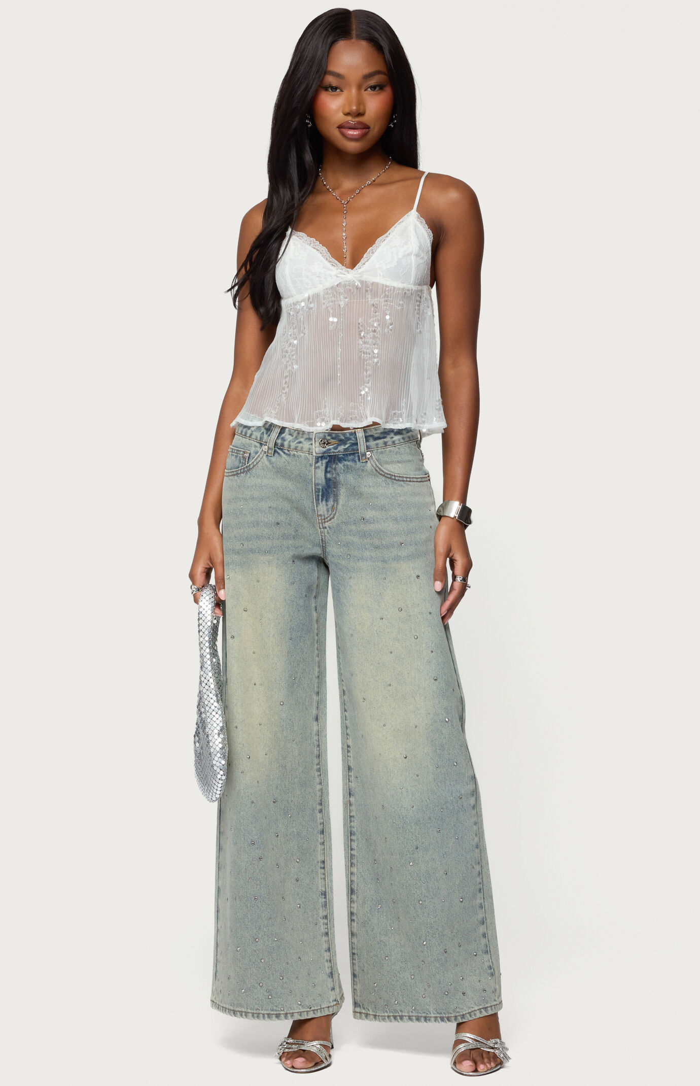 Edikted Sequin Sheer Mesh Babydoll Top