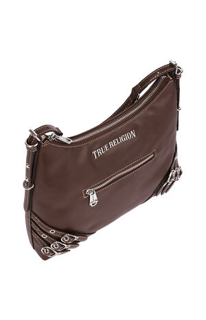 Chocolate Triple Straps Large Faux Leather Hobo Bag image number 5