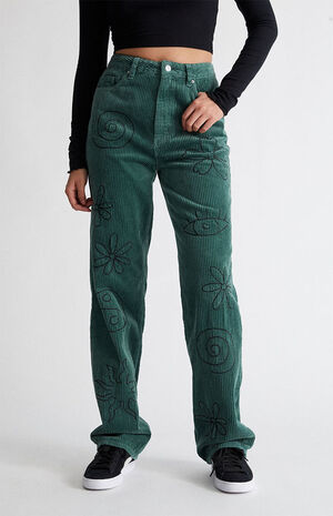 Green Corduroy Embroidered Boyfriend Jeans image number 1