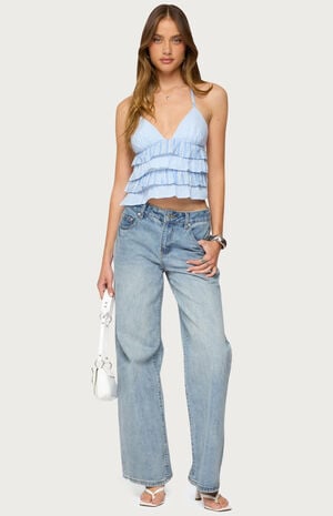 Tiered Ruffle Backless Striped Halter Top image number 5