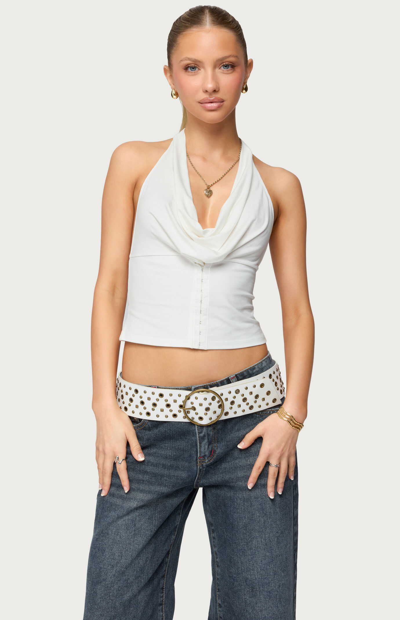 Edikted Hook & Eye Cowl Neck Halter Top