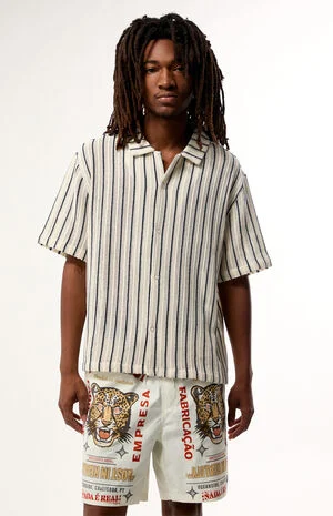 Cream Driftwood Striped Textured Camp Shirt image number 1