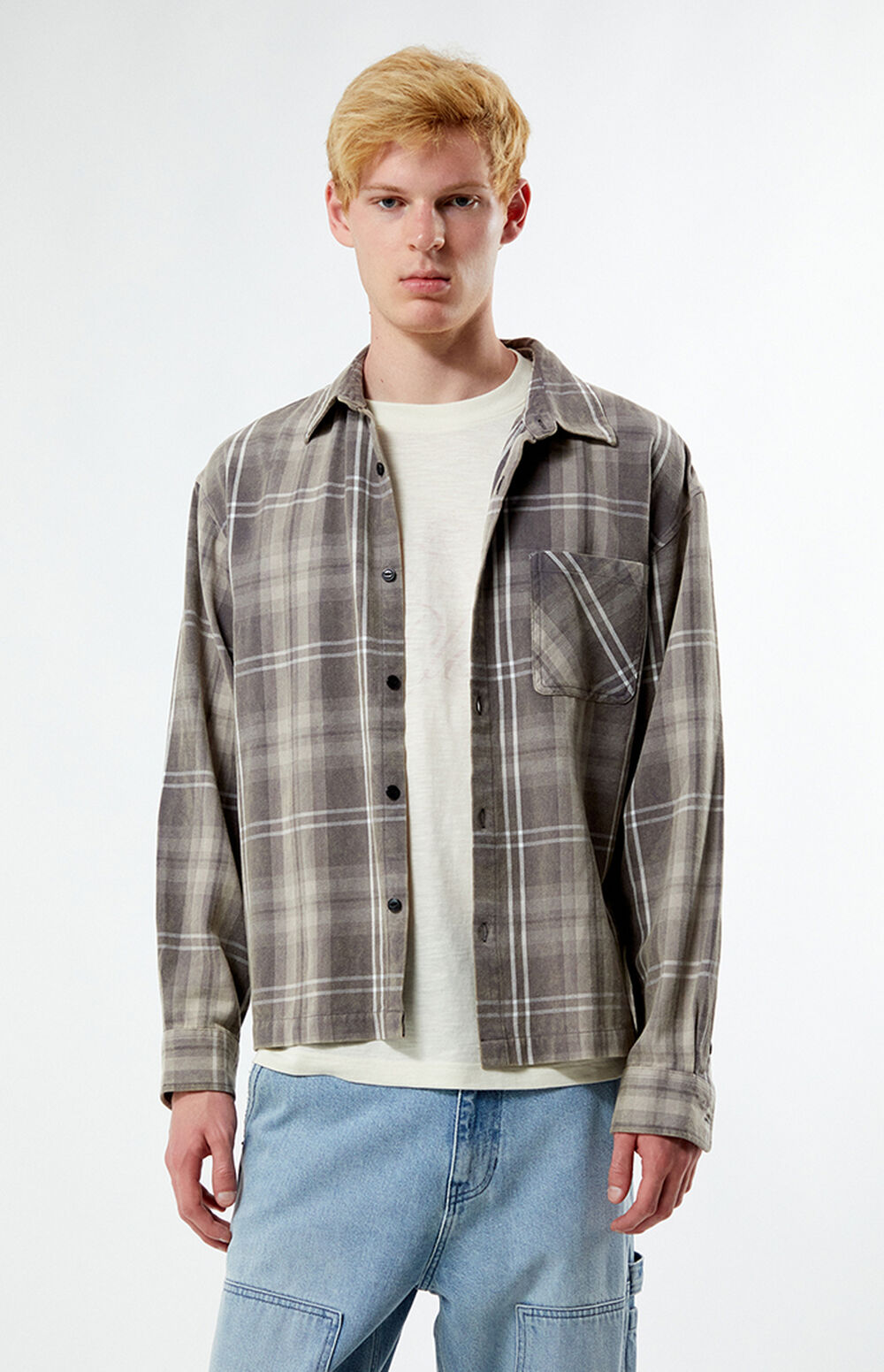 Common Need Preston Cropped Flannel Overshirt Off White