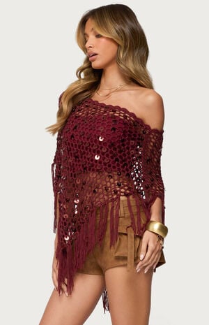 Fringe Sequin Crochet Poncho image number 2