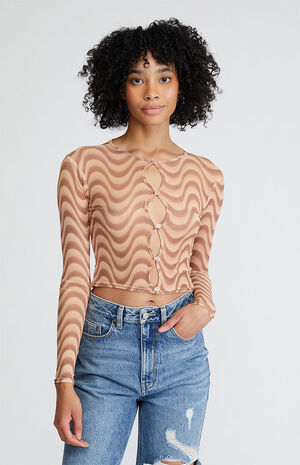 Brown Swirl Mesh Long Sleeve Top