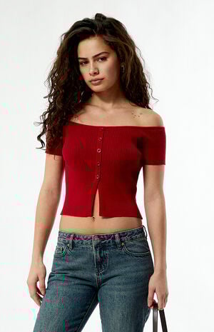 Off-The-Shoulder Button Front Sweater image number 3