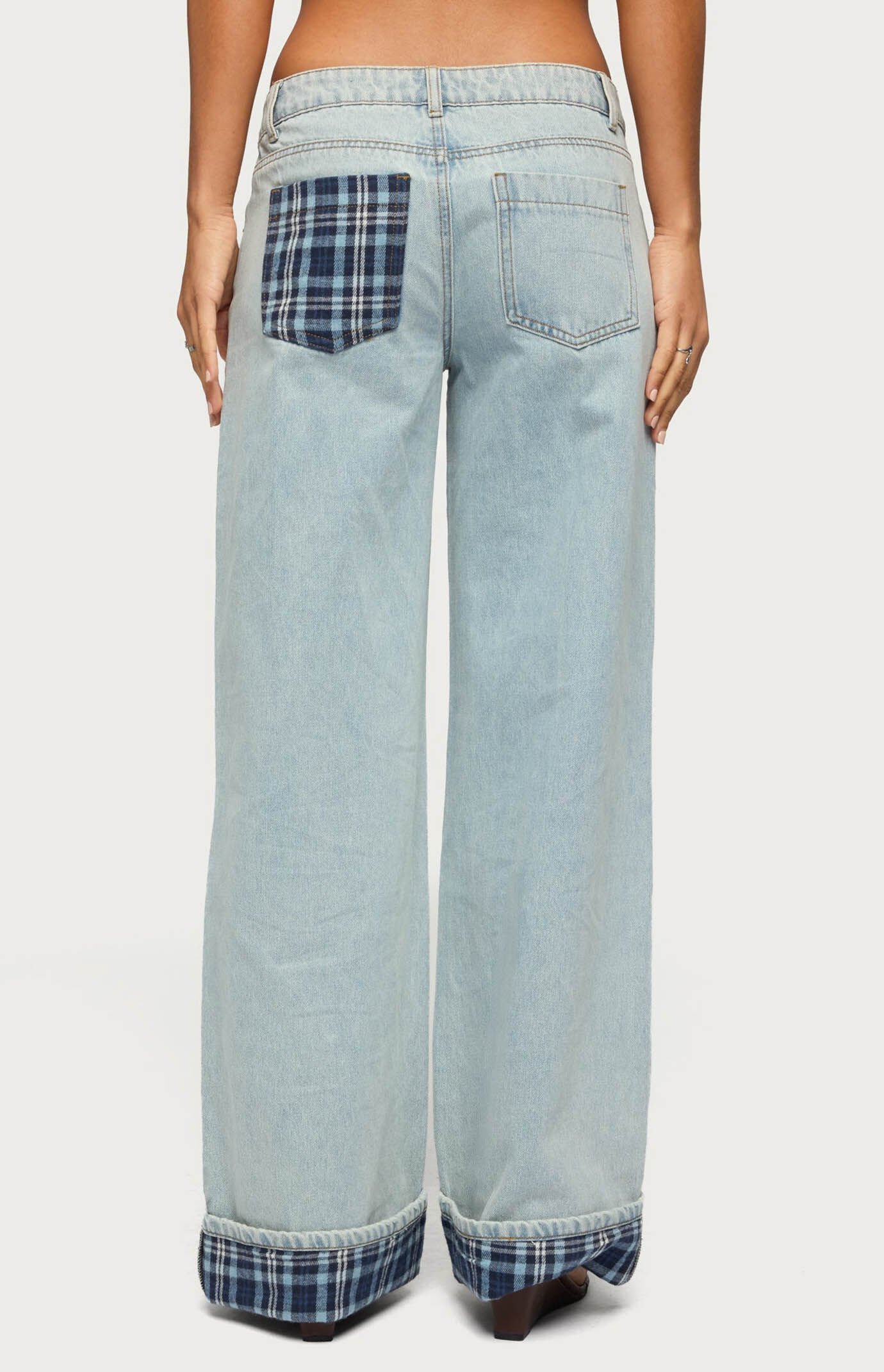 Edikted Plaid Cuffed Low Rise Baggy Jeans