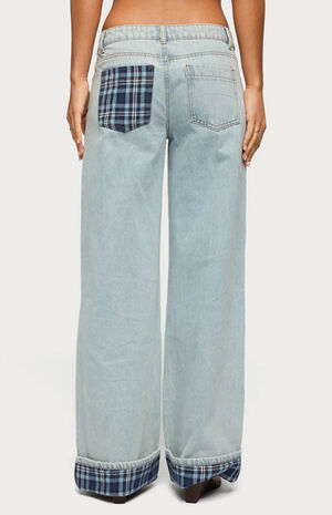 Plaid Cuffed Low Rise Baggy Jeans image number 3