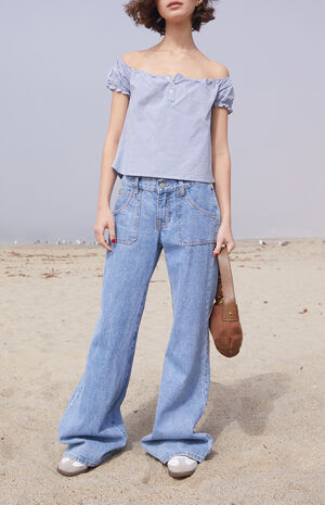 Blue & White Gingham Clarisse Off-The-Shoulder Top image number 4