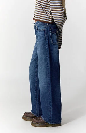 Casey Low Rise Baggy Jeans Button Flap Pocket Dark Blue image number 3