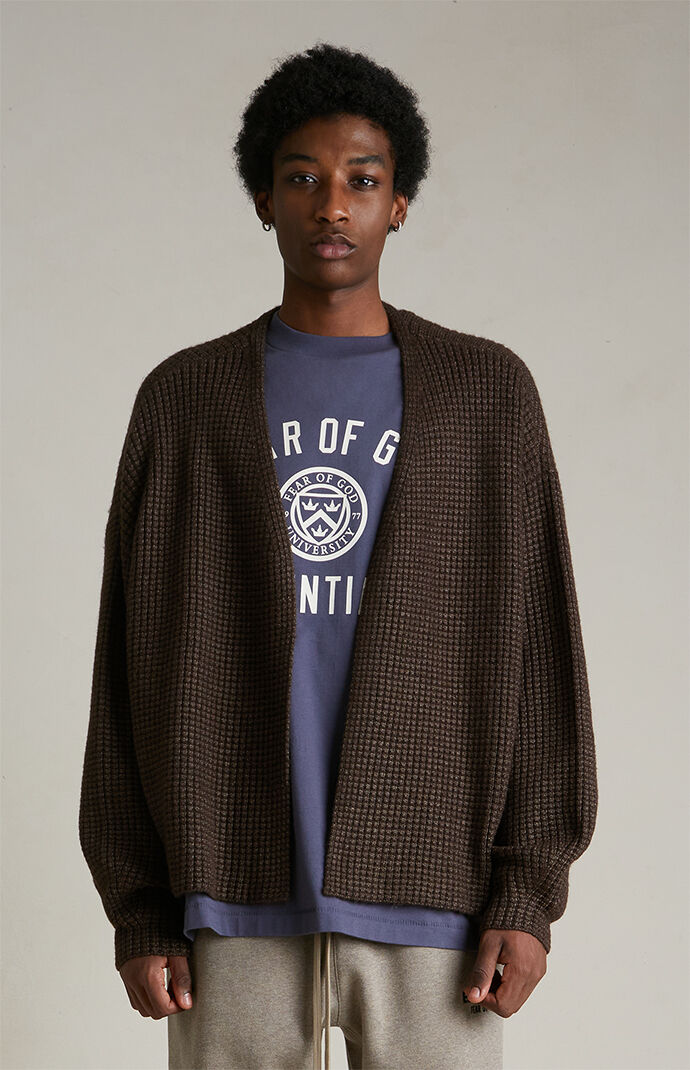 Fear of God Essentials Brown Heavy Waffle Knit Cardigan | Pacsun