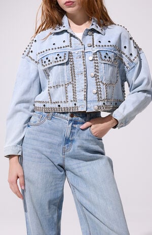 Jazella Light Blue Studded Cropped Denim Jacket image number 1
