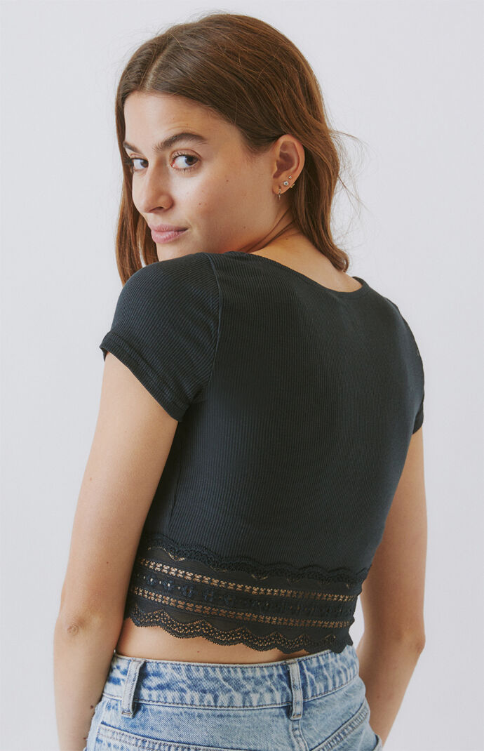 Button Front Lace Trim Top