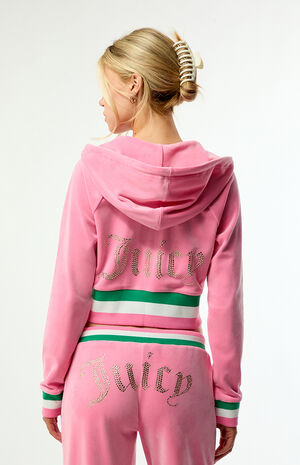 Pink Velour Striped Corset Cropped Track Jacket image number 2