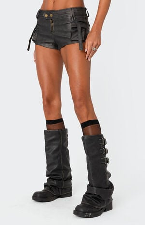Washed Faux Leather Micro Cargo Shorts image number 4