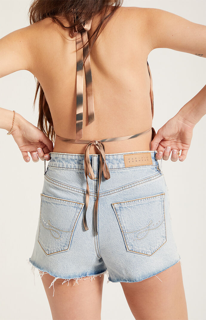 Pacsun Ivy High Waisted Denim Festival Shorts Stretch Rhinestone Light Blue