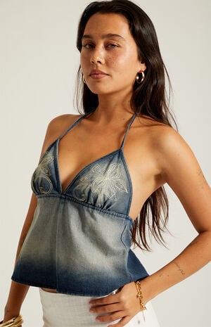 Embroidered Denim Halter Top image number 5