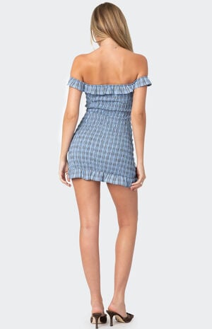 Off Shoulder Scrunched Plaid Mini Dress image number 4