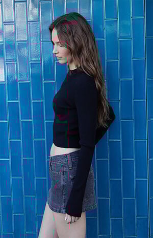 Black Ribbed Mock Neck Long Sleeve Top image number 2