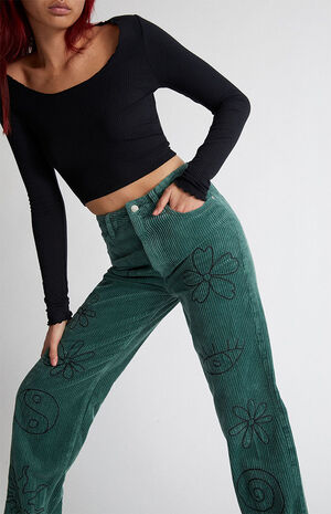 Green Corduroy Embroidered Boyfriend Jeans image number 5