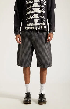 Austin Extreme Baggy&nbsp;Denim&nbsp;Shorts&nbsp;Pinstripe&nbsp;Washed Black image number 3