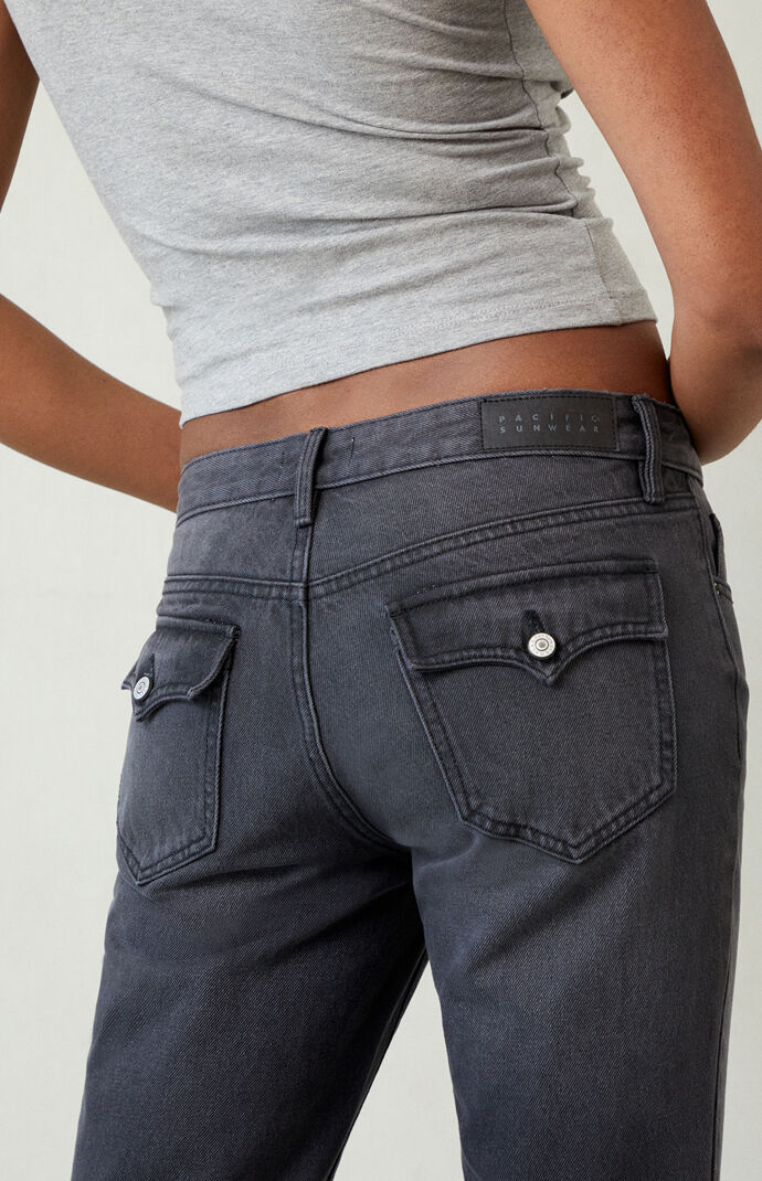 【PALEJADE】Black Cotton Low-Rise Demim Jean Pacsun Jade Low Rise Button Pocket Bootcut Jeans Faded Black