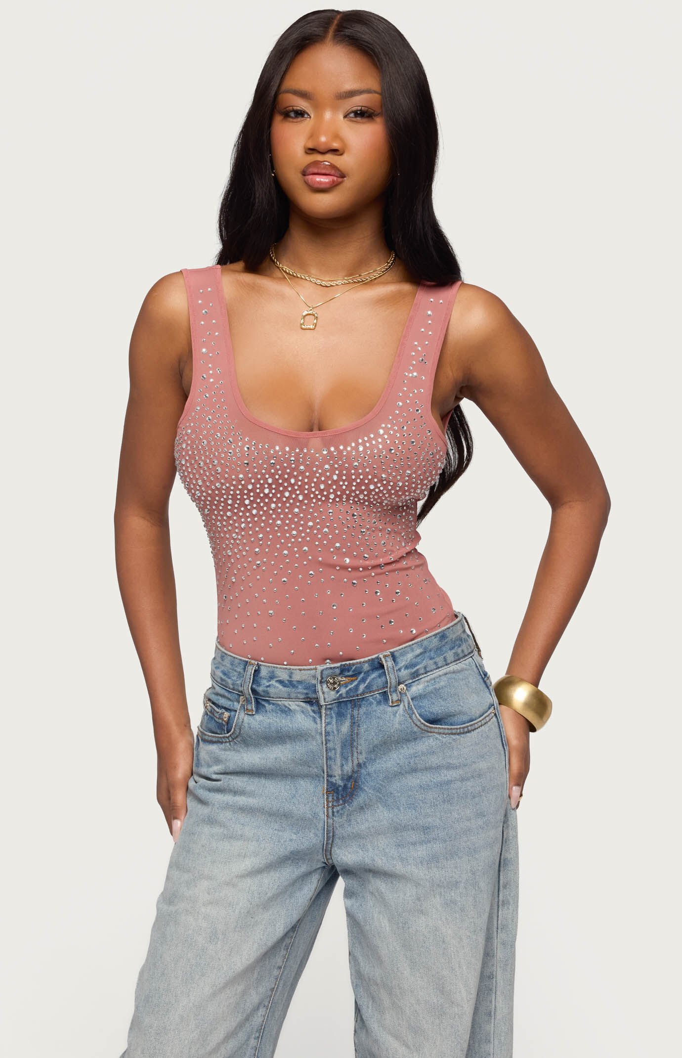 Edikted Angelita Rhinestone Sheer Mesh Bodysuit