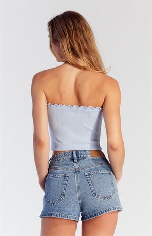 Light Indigo Exposed Button High Waisted Denim Festival Shorts image number 4