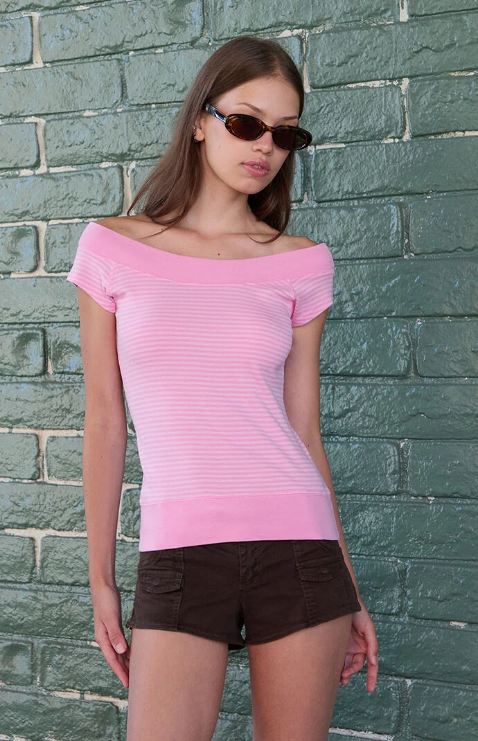 John Galt Pink Striped Ginny Off-The-Shoulder Top