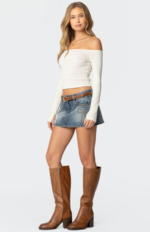 Studded Bow Distressed Denim Mini Skirt image number 3