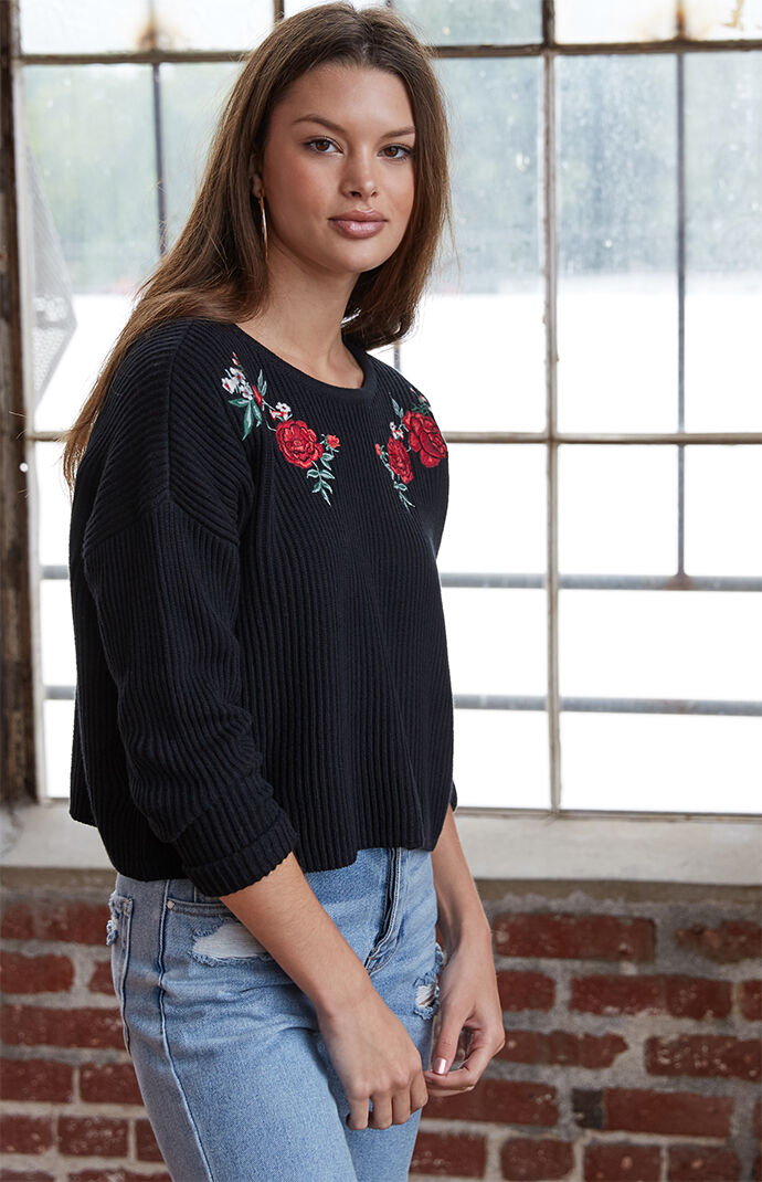 LA Hearts Embroidered Ribbed Pullover Sweater at