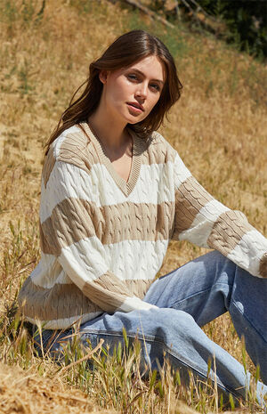 White & Tan Striped Nikki V-Neck Cable Knit Sweater image number 1