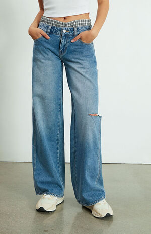 Medium Blue Ripped Low Rise Baggy Jeans image number 2