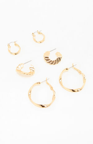 3 Pack Gold Textured Hoop Earrings image number 3