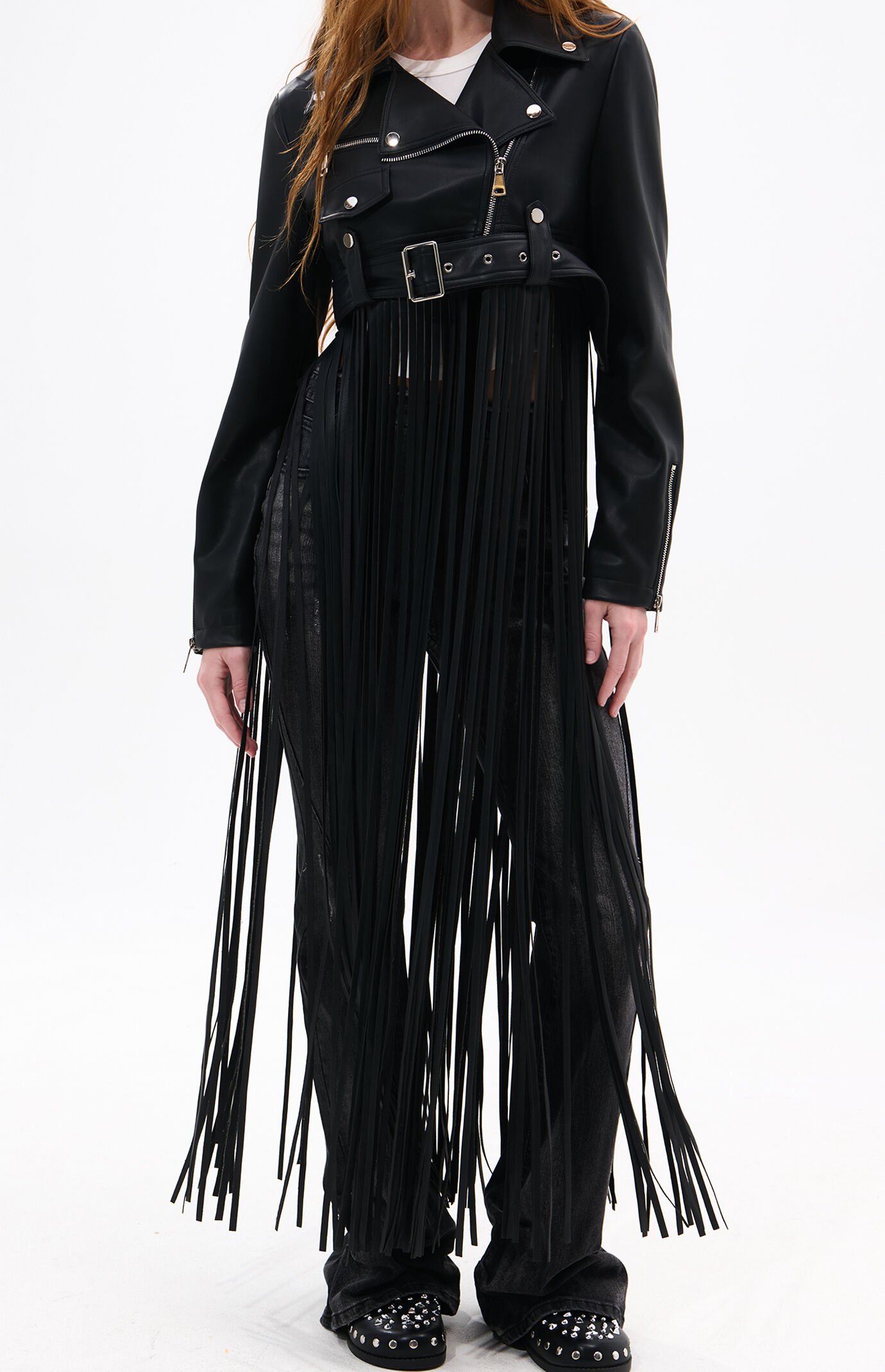 AZALEA WANG Coop Black Fringe Faux Leather Moto Jacket