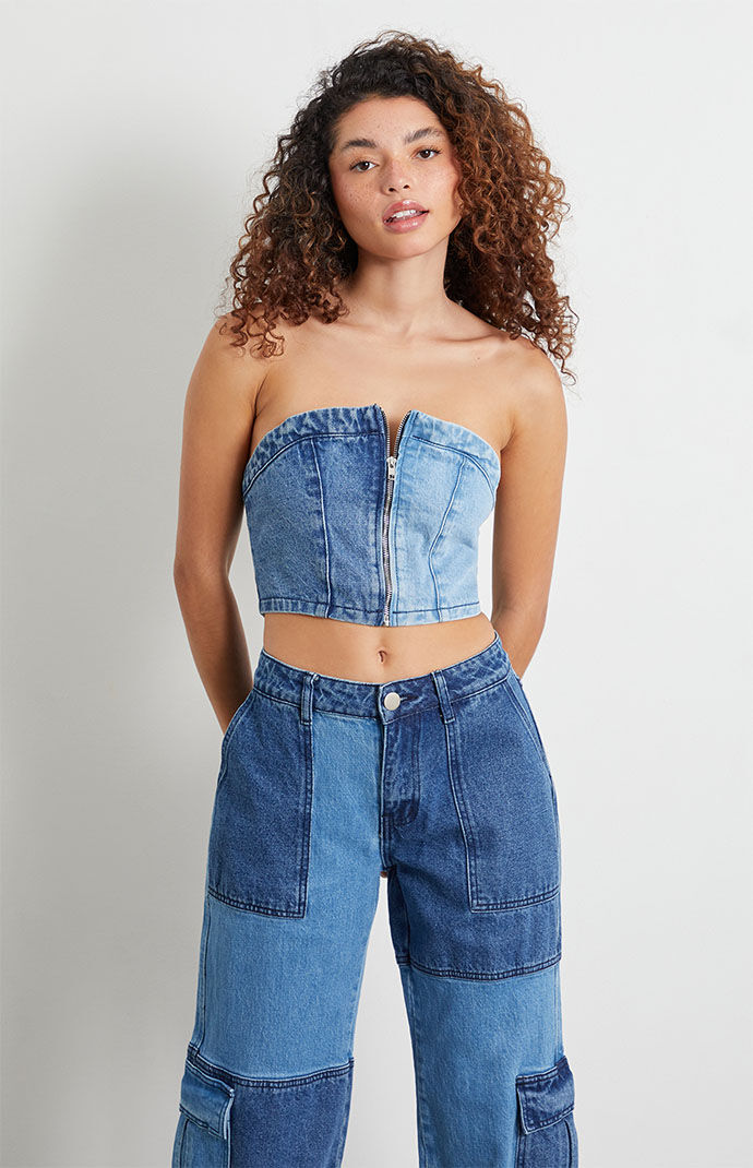 売れ筋商品|||ノクチューン カットソー トップス レディース Women's Stoned Strapless Denim Crop Top Indigo blue Denim Tube Top Womens 2024 Button Front Strapless Bandeau