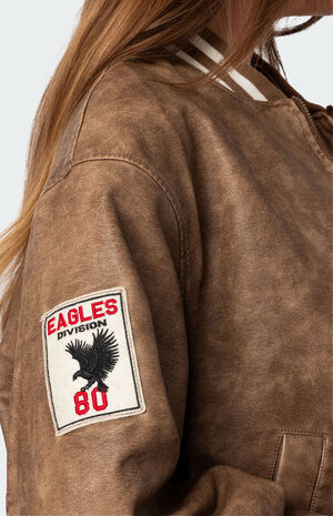 Washed Faux Leather Bomber Jacket image number 5