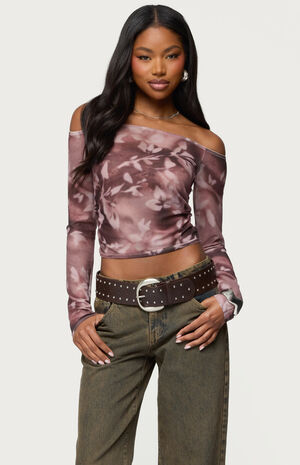 Off Shoulder Printed Sheer Mesh Top image number 1