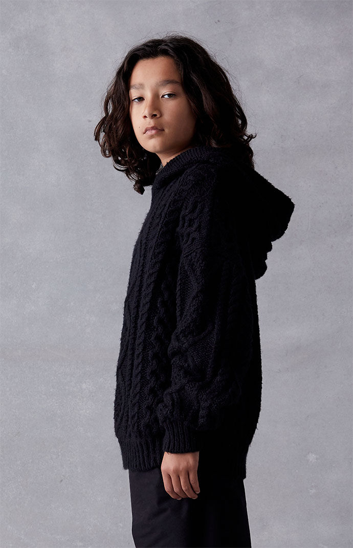 Kids Fear of God Essentials Jet Black Cable Knit Hoodie | PacSun