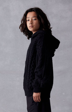 Essentials Jet Black Cable Knit Hoodie image number 3