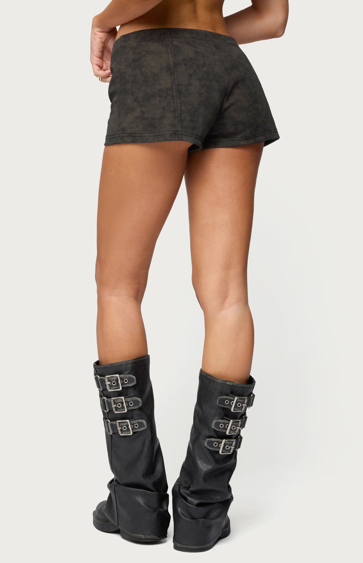 Edikted Taia Distressed Faux Leather Micro Shorts