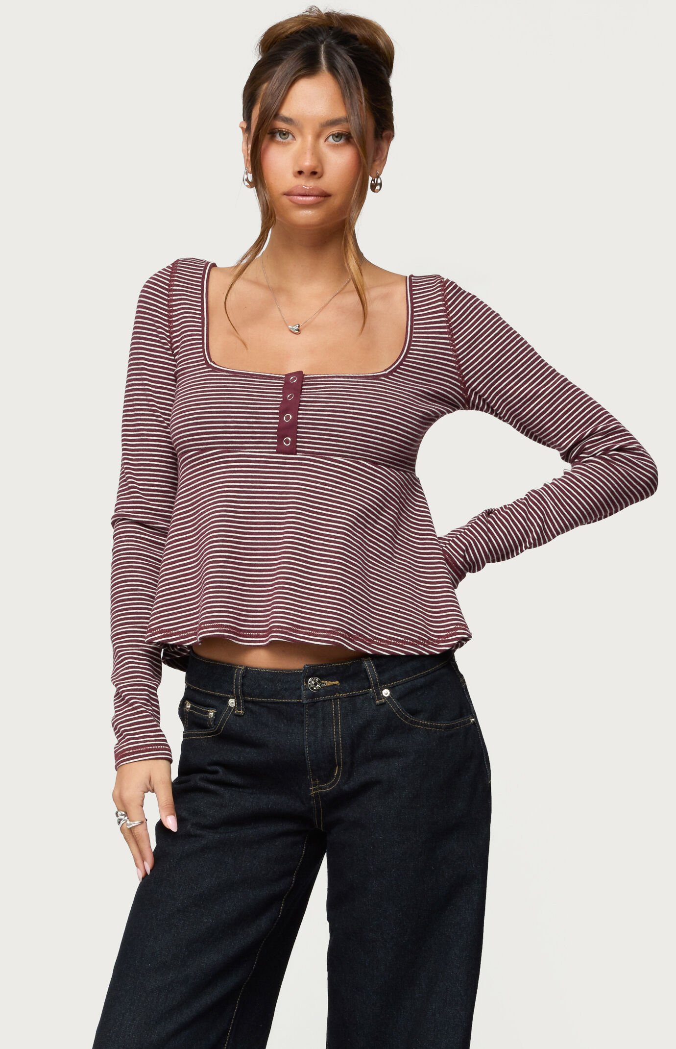 Edikted Sare Striped Babydoll Henley Top