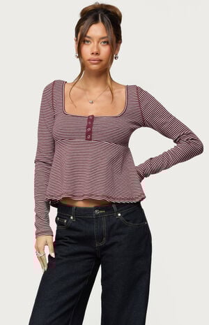 Sare Striped Babydoll Henley Top image number 1